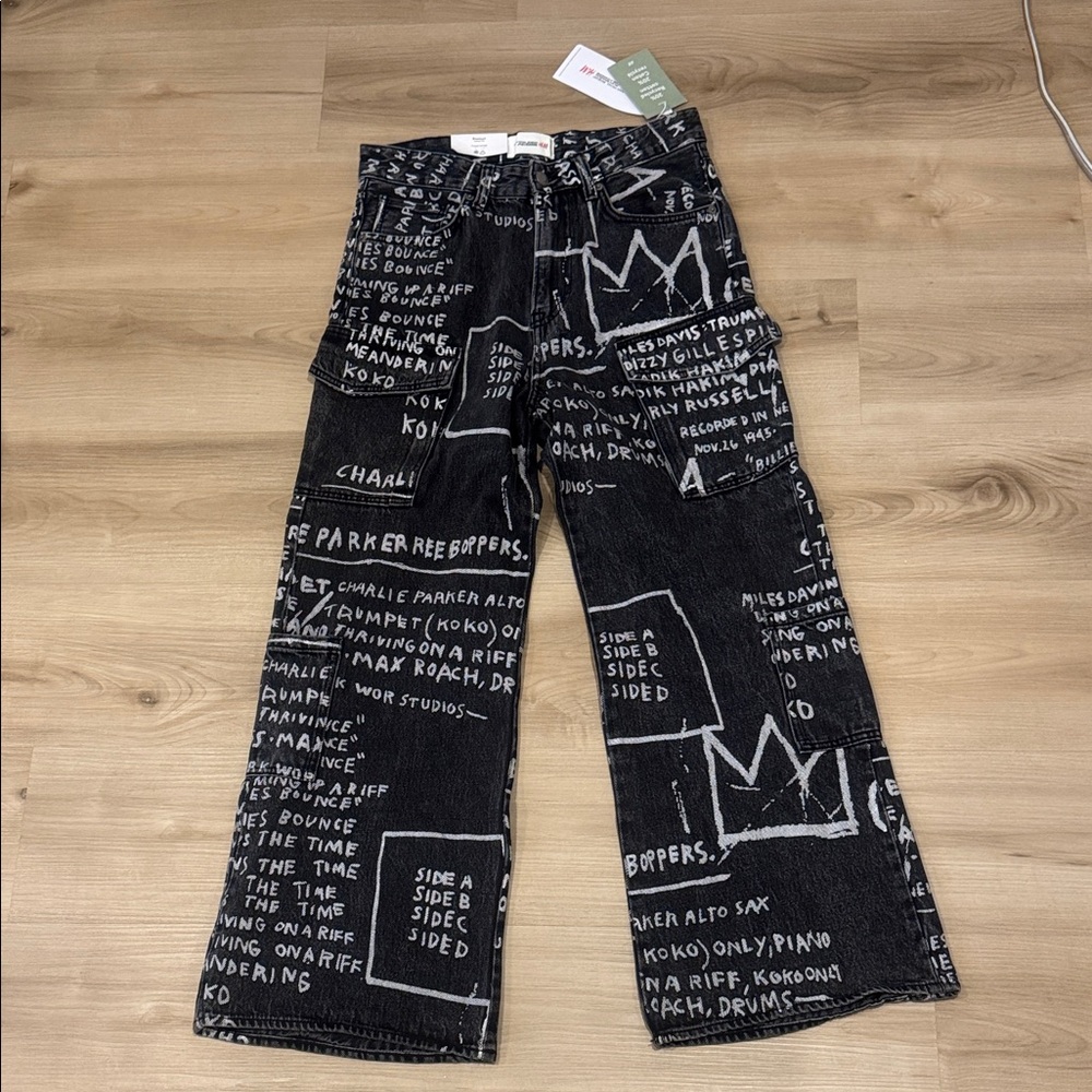 H&M ltd edition Jean Michel Basquiat Loose fit bootcut white print black jeans